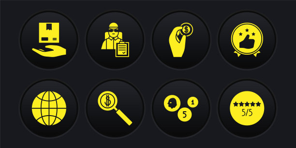 集全球，消费者客户产品评级，放大镜和美元，硬币钱，手持硬币，快递员与纸箱，和手的图标。向量图片下载