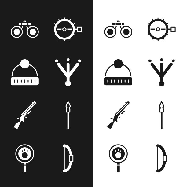 设置鸟类足迹，冬季帽子，望远镜，陷阱狩猎，猎枪，中世纪矛，弓和爪子搜索图标。向量图片下载