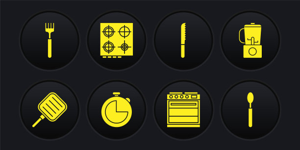 设置煎锅，搅拌机，厨房计时器，烤箱，面包刀，煤气炉，勺子和叉子图标。向量图片下载