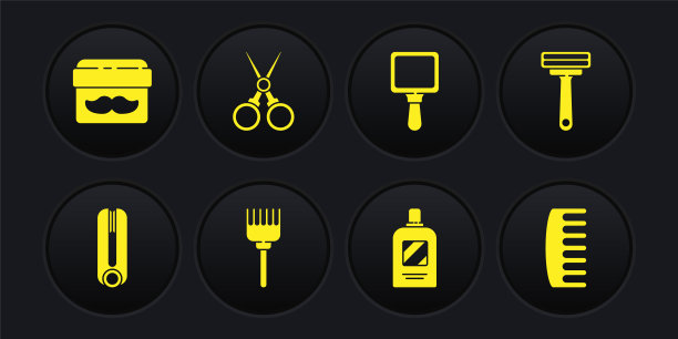 设置卷发器，剃须刀，发刷，洗发水瓶，手镜，剪刀发型师，护肤霜罐图标。向量图片下载