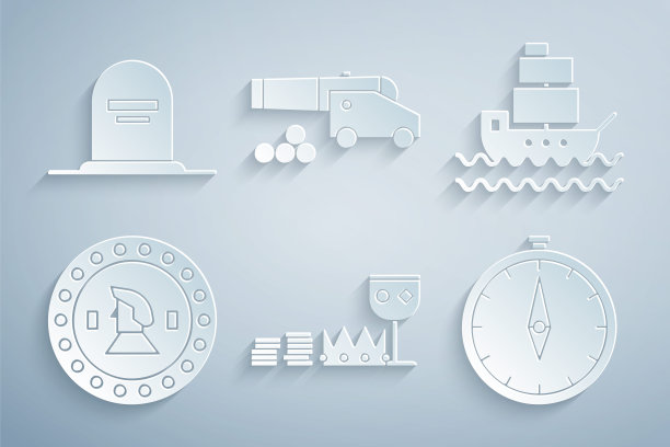 Set Treasure and riches, Ship, Pirate coin, Compass, Cannon with cannonballs and Tombstone RIP文字图标。向量图片下载