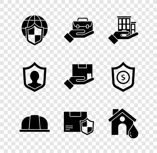 套盾与世界地球仪，手持公文包，房屋保险，工人安全帽，交付安全盾牌，洪水，生命和图标。向量图片下载