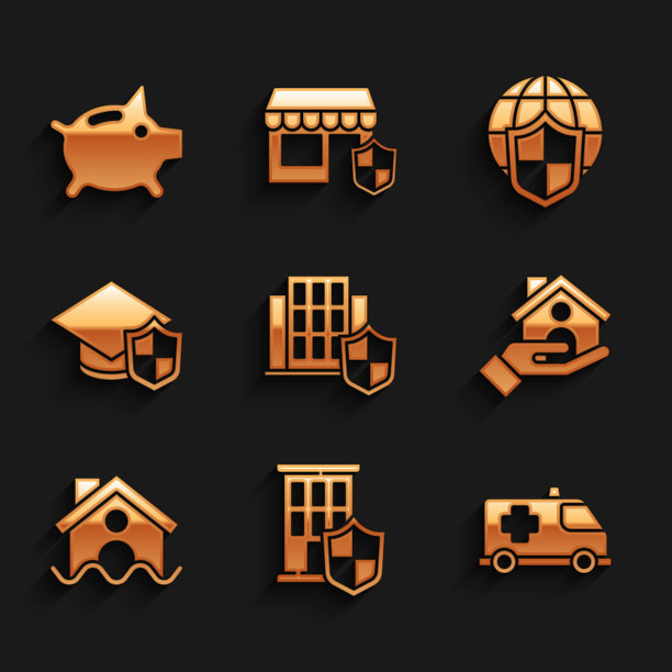 集房子与盾牌，紧急汽车，保险，洪水，毕业帽，盾世界地球仪和储蓄罐图标。向量图片下载