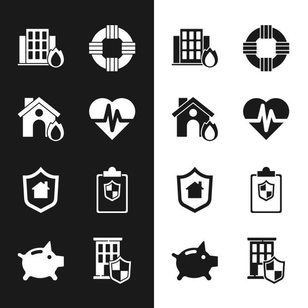 设置健康保险，火灾房屋，救生圈，房子与盾牌，文件，储蓄罐图标。向量图片下载