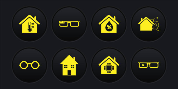 设置眼镜，智能家居，房子，湿度，眼镜，和温度图标。向量图片下载