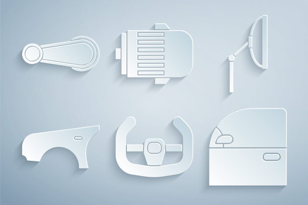 设置运动方向盘，挡风玻璃雨刷，汽车挡泥板，门，电动发动机和把手图标。向量图片下载