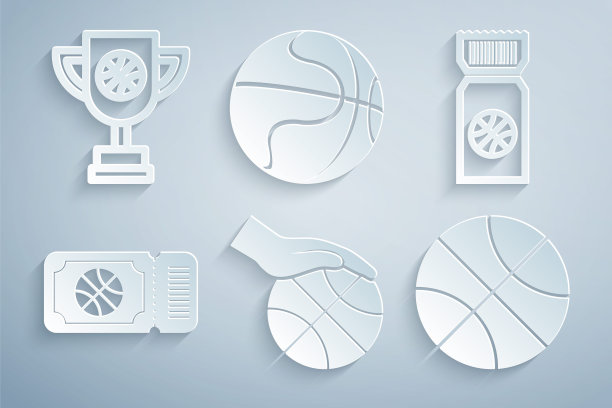 手与篮球，篮球比赛门票，和奖杯图标。向量图片下载