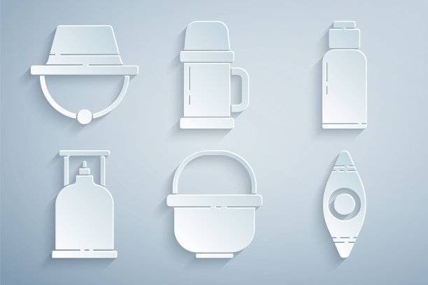 设置野营壶，水壶水壶，煤气炉，皮艇或独木舟，热水瓶容器和帽子图标。向量图片下载