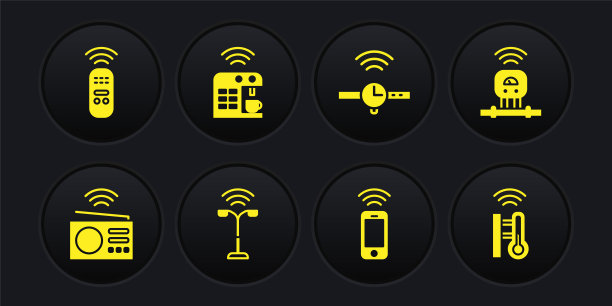 设置智能收音机，传感器，路灯，无线智能手机，智能手表，咖啡机，温度计和远程控制图标。向量图片下载