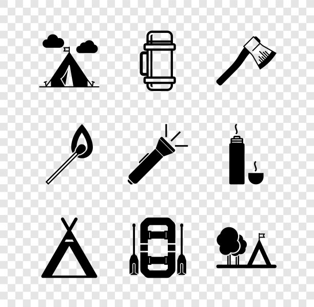 设置旅游帐篷与旗帜，保温瓶，木斧，漂流船，燃烧的火柴火和手电筒图标。向量图片下载