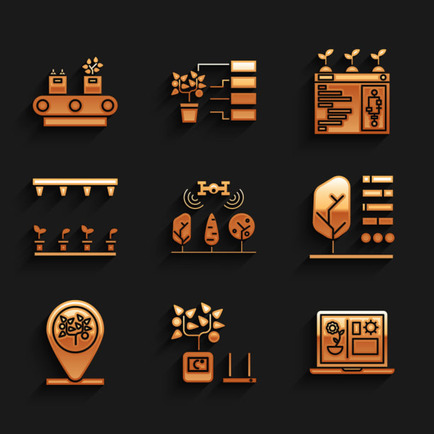 设置智能农场与无人机，农业技术，植物状态，位置和树，自动灌溉洒水器，和传送带盒图标。向量图片下载