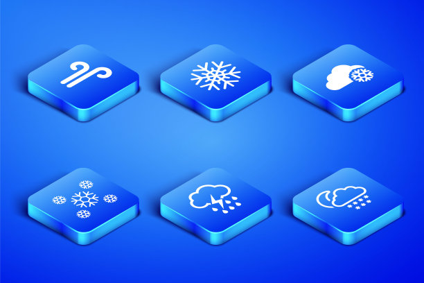 集云与雪和月亮，风，雨闪电，雪，雪花和图标。向量图片下载