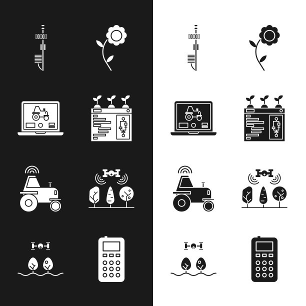 集智能农业技术，智能笔记本应用，独立传感器，花卉，无线拖拉机，无人机，远程控制和图标。向量图片下载