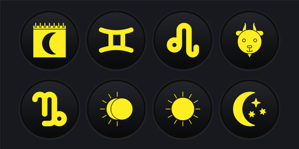 设置摩羯座的黄道，白羊座，日蚀，太阳，狮子座，双子座，月亮和星星和相位日历图标。向量图片下载