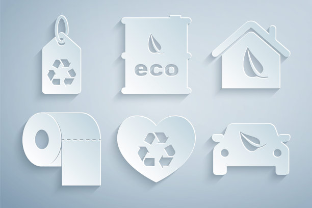 设置环保心，房子，卫生纸卷，带树叶的汽车驱动，生物燃料桶和Tag回收图标。向量图片下载