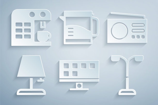 设置智能电视，收音机，台灯，路灯，电水壶，咖啡机图标。向量图片下载
