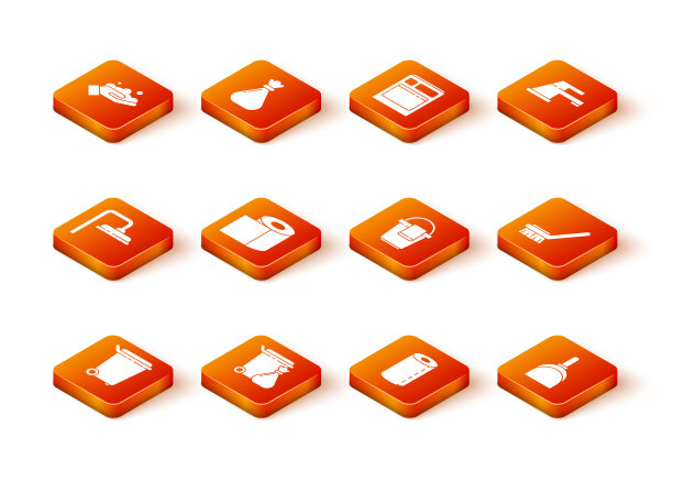 设置垃圾桶，垃圾袋，淋浴喷头，卫生纸卷，纸巾，带抹布的桶，簸箕和刷子的清洁图标。向量图片下载