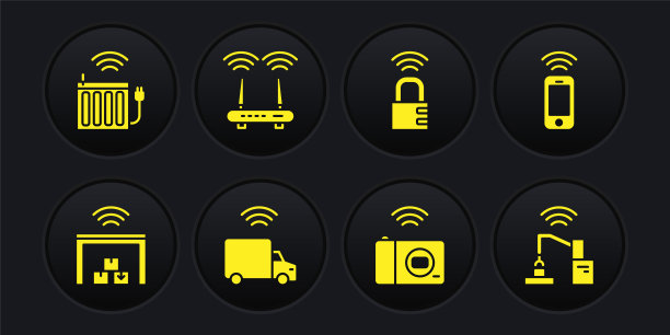 设置智能仓库，无线智能手机，卡车，照片相机，安全密码锁，路由器和wi-fi信号，机器人机器人手臂工厂和暖气片图标。向量图片下载
