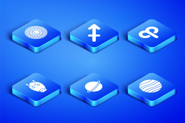 设行星木星，星相圈，土星，马的黄道，人马座和白羊座的图标。向量图片下载