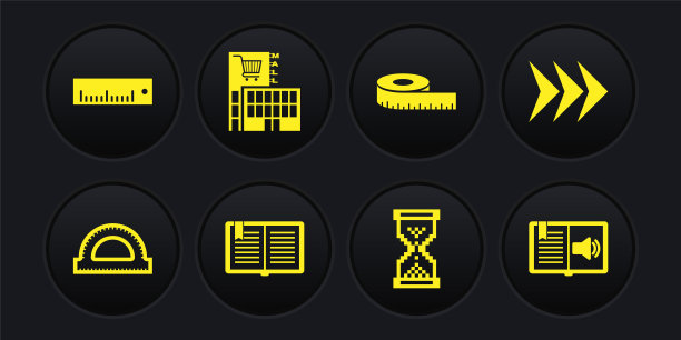 设置量角器网格，箭头，打开的书，沙漏像素，卷尺，商场超市建筑，音频和标尺图标。向量图片下载