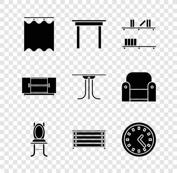 采购产品窗帘，木制桌子，书架与书，椅子，抽屉柜，时钟，电视站和圆形图标。向量图片下载