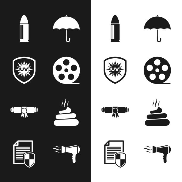 设置胶卷卷轴，紫外线保护，子弹，伞，文凭卷卷轴和大便图标。向量图片下载