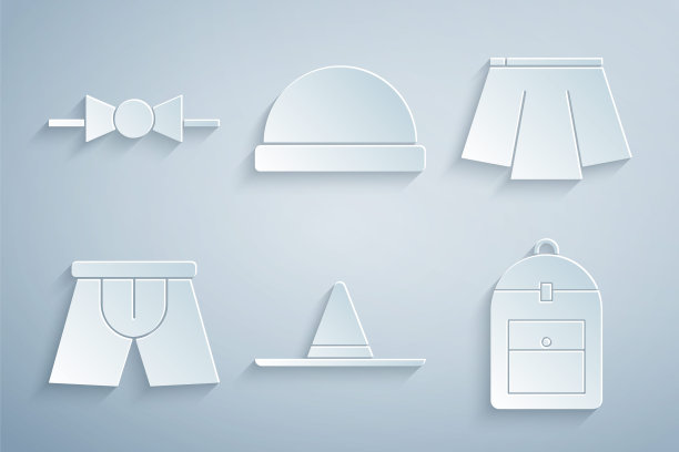 设置园丁工人帽子，裙子，男人内裤，背包，豆豆和蝴蝶结图标。向量图片下载