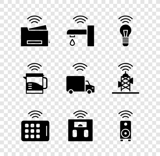 设置智能打印机、水龙头、灯泡、无线平板电脑、浴室磅秤、立体声扬声器、电水壶、卡车图标。向量图片下载