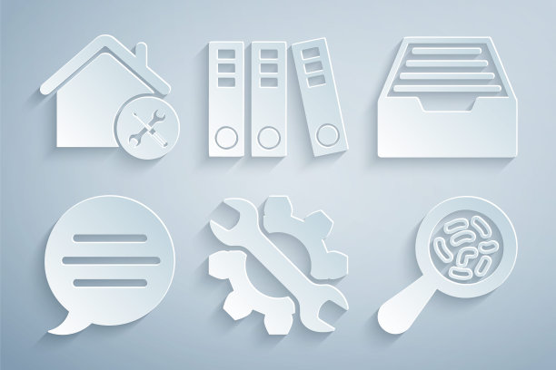 设置扳手和齿轮，抽屉文件，语音气泡聊天，放大镜下的微生物，办公文件夹和家庭服务图标。向量图片下载