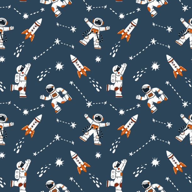 宇宙模式。扁平的宇航员，火箭和星星。空间无缝纹理。漫画风格的插图。宇宙探险家。宇宙冒险。天文学草图。未来的象征。宇宙的概念。图片下载