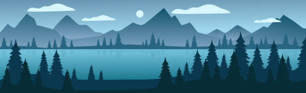 全景山傍晚景观的背景上的一个密集的森林-向量图片下载