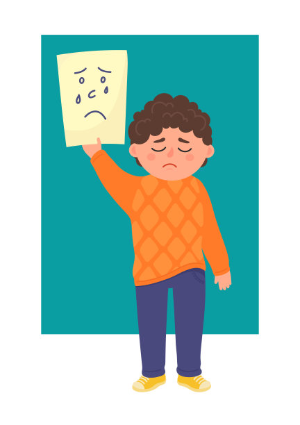 悲伤的男孩拿着一张纸，上面画着悲伤的脸图片下载