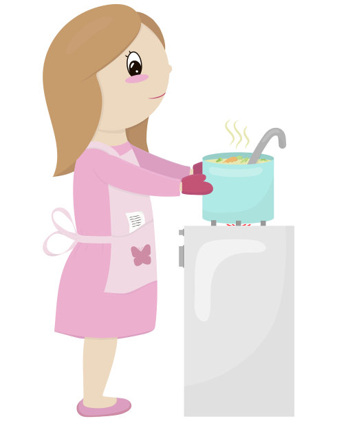 穿着裙子和围裙的妈妈站在炉子旁边图片下载