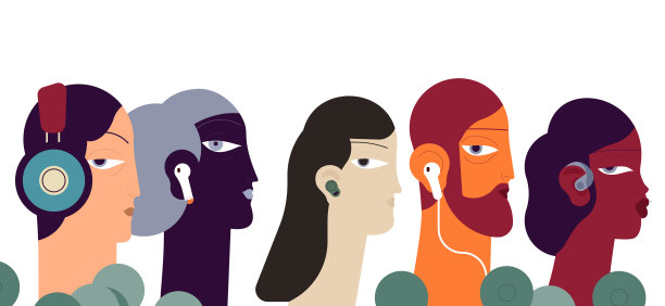 经营理念。一群戴着耳机的人。图片下载