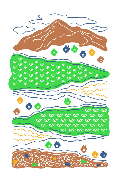 一个有风格的村庄，在河流，绿色的小山和绿色的田野之间。农村景观。图片下载