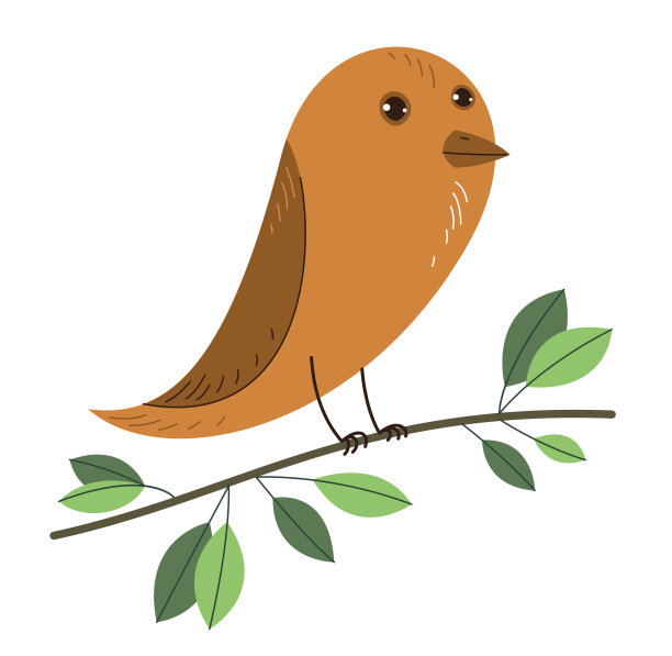 小可爱的小鸟在树枝上被树叶包围矢量平面风格插图孤立在白色背景上，自然美的概念。图片下载