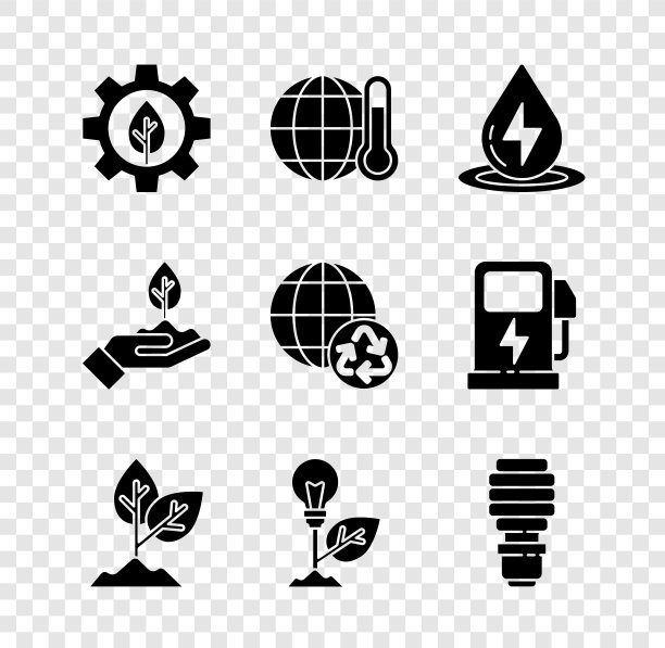 在齿轮机中设置叶子植物，全球变暖，水能，植物，有叶子的灯泡，LED灯，手和地球回收图标。向量图片下载