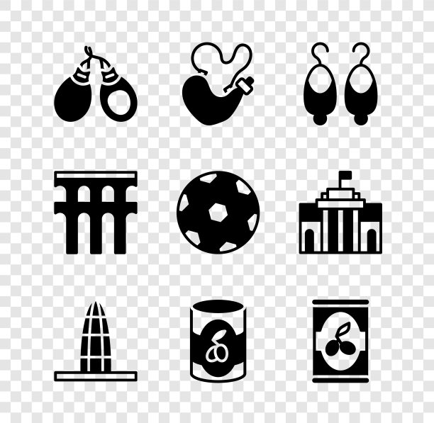 集Castanets，西班牙葡萄酒皮，耳环，Agbar塔，橄榄罐，水道的塞戈维亚和足球图标。向量图片下载