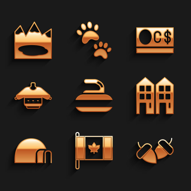 冰壶设置石头，加拿大国旗，Acorn，房子，冰屋，圣诞毛衣，加拿大元和湖图标。向量图片下载