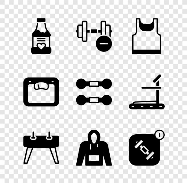 设置维生素，哑铃，无袖t恤，鞍马，连帽衫，健身应用，浴室秤和图标。向量图片下载