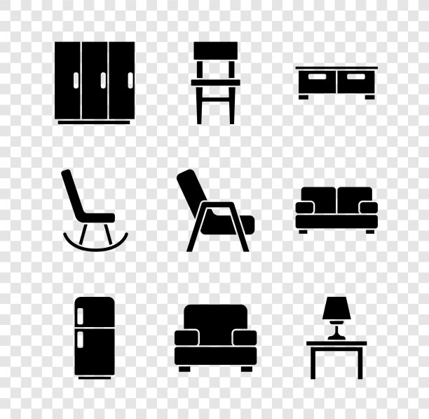 设置衣柜，椅子，抽屉柜，冰箱，扶手椅，桌上的台灯，和图标。向量图片下载