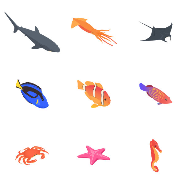 在白色背景上设置海洋动物图标图片下载