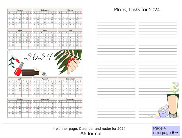 2024年日历，附有女性手的插图。红色指甲，角质油和指甲油。年度计划工作表。4页的计划表。图片下载