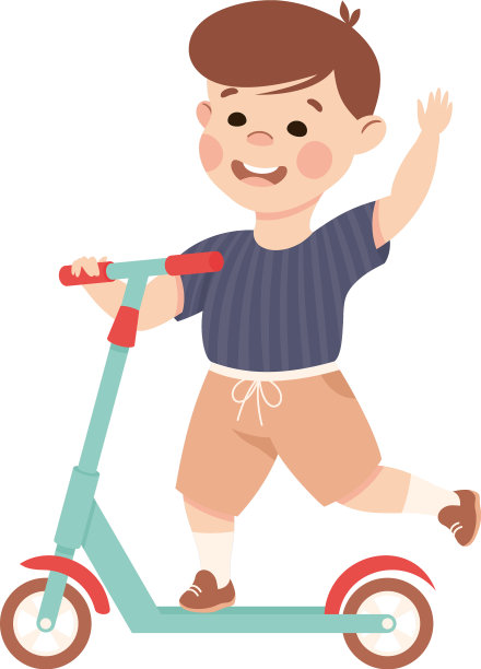 微笑的男孩骑着踏板车推着图片下载