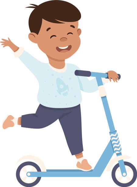 微笑的男孩骑着踏板车推着图片下载