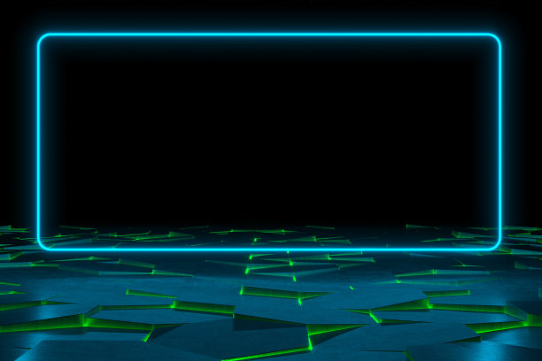 现代的空抽象背景由矩形框架蓝色霓虹灯照亮六角形瓷砖地板80年代的复古风格图片下载
