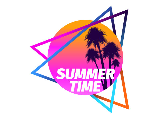 80年代复古科幻棕榈树在日落的孤立图片下载