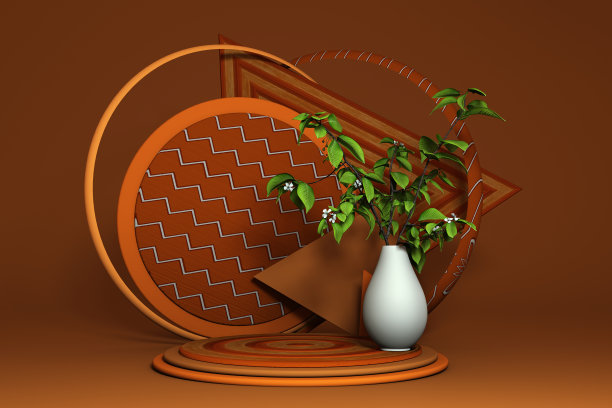 3D橙色圆形讲台，白色花瓶和绿色叶子的秋天主题背景。图片下载