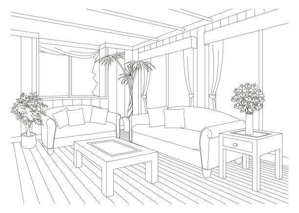客厅线绘制矢量插图。图片下载