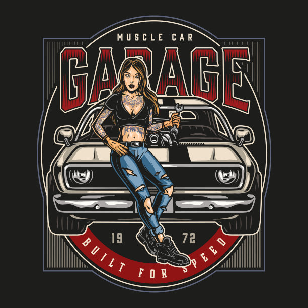 肌肉汽车车库服务彩色标志图片下载